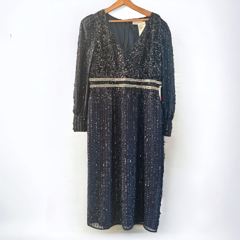 10 Mac Duggal Navy Long Sleeve Sequined Midi Dress 14 V neck Evening Formal - Picture 2 of 12